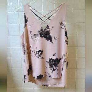 Express Shell Blouse, size small, blush pink with black floral accent